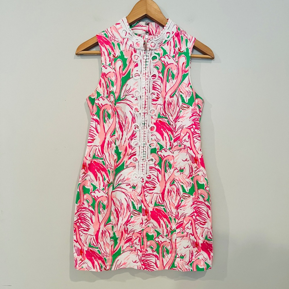 Lilly Pulitzer Alexa Shift Dress Flamingo Pink Green 4 Soutache Trim